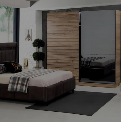 Slaapkamer meubels Ontwerper Bed met gestoffeerde hoofdeinde 2x Nachtkastjes Kledingkast