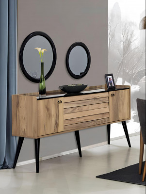 Zwart-bruine eetkamerset Eettafel 4x stoelen Dressoir Spiegel 8-delig