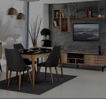 Zwart-bruine eetkamerset Eettafel 4x stoelen Dressoir Spiegel 8-delig