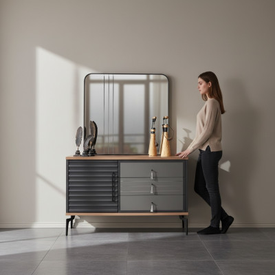 Stijlvolle bruine commode rechthoekige spiegel elegant slaapkamer set.
