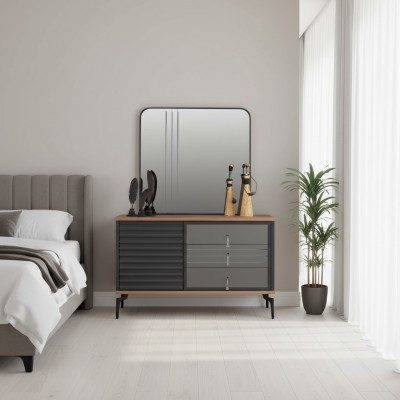 Stijlvolle bruine commode rechthoekige spiegel elegant slaapkamer set.