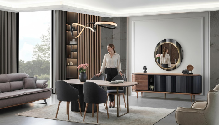 Grote eetkamerset, ontwerpeettafel, 4 gestoffeerde stoelen, dressoir