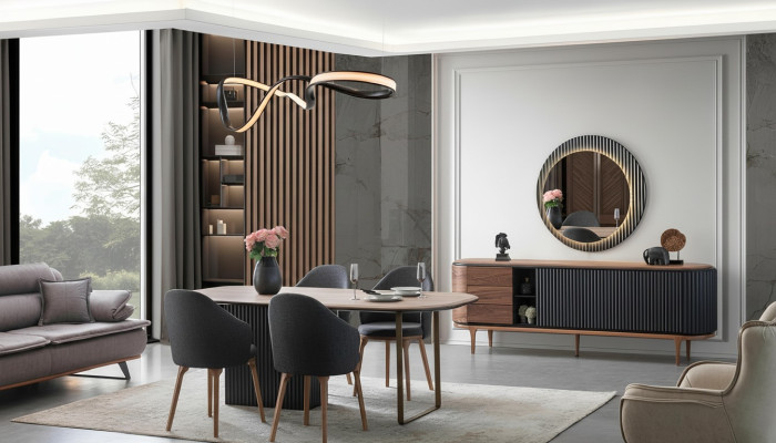 Grote eetkamerset, ontwerpeettafel, 4 gestoffeerde stoelen, dressoir