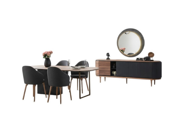 Grote eetkamerset, ontwerpeettafel, 4 gestoffeerde stoelen, dressoir
