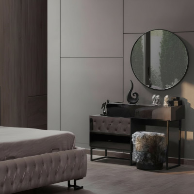 Ontwerper Grijze kaptafel met ronde spiegel en gestoffeerde kruk Luxe 3-delige set