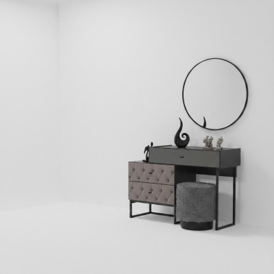 Ontwerper Grijze kaptafel met ronde spiegel en gestoffeerde kruk Luxe 3-delige set