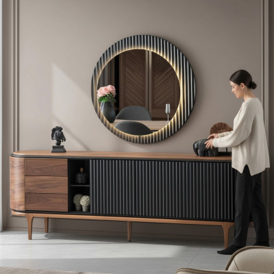 Stijlvolle set Ontwerper Bruine dressoir Ronde spiegel 2-dlg Hout Set