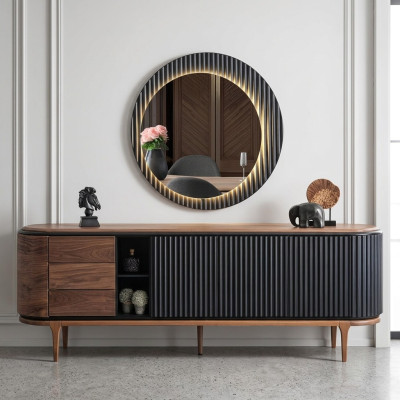 Stijlvolle set Ontwerper Bruine dressoir Ronde spiegel 2-dlg Hout Set