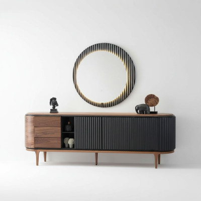 Stijlvolle set Ontwerper Bruine dressoir Ronde spiegel 2-dlg Hout Set