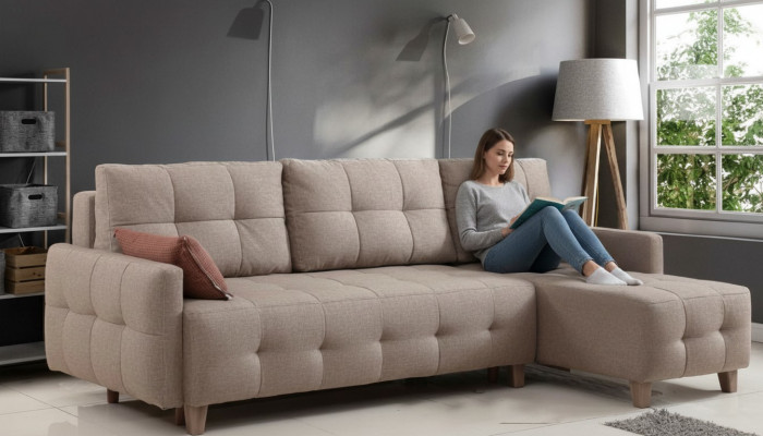 Beige hoekbank gestoffeerde woonlandschap textielbankstel L-vorm set nieuw