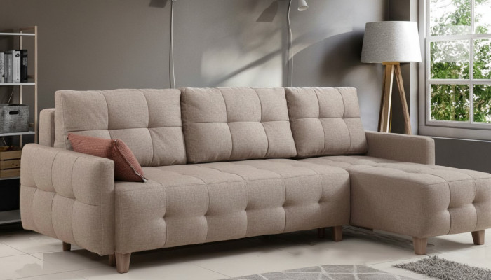 Beige hoekbank gestoffeerde woonlandschap textielbankstel L-vorm set nieuw