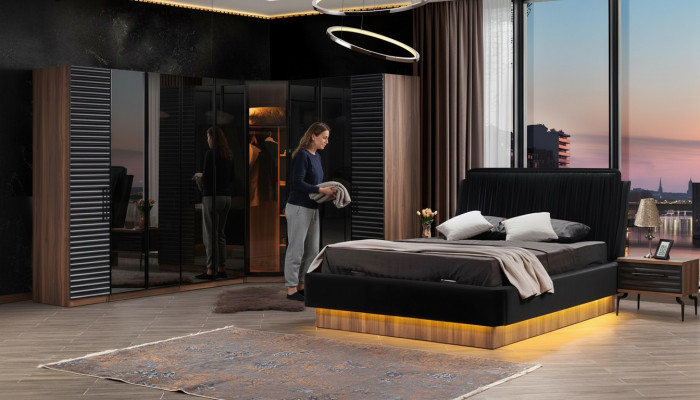 Bruin-zwart slaapkamer set Compleet bed 2x nachtkastjes