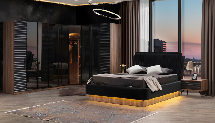 Bruin-zwart slaapkamer set Compleet bed 2x nachtkastjes