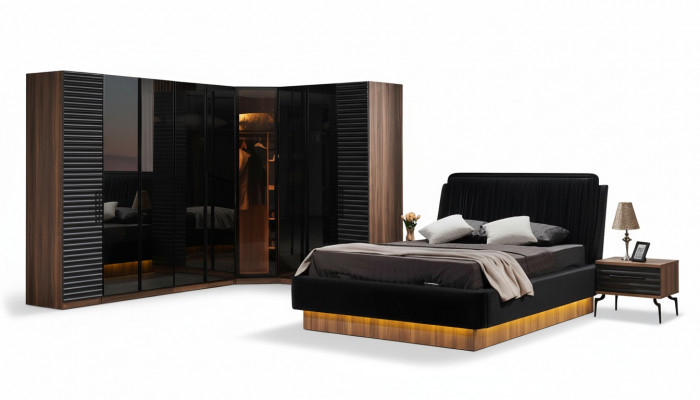 Bruin-zwart slaapkamer set Compleet bed 2x nachtkastjes