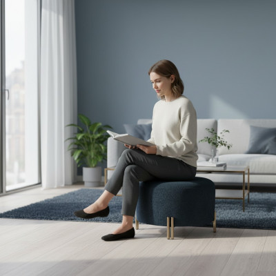 Designer Donkerblauwe Poef Woonkamer Voetenbank Zitmeubels Luxe Meubels