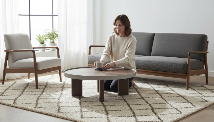 Bruine woonkamer Ronde salontafel Designer houten tafel Ronde tafels Nieuw