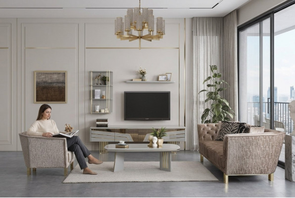 Moderne grijze woonkamerset luxe tv-meubel wandkasten planken