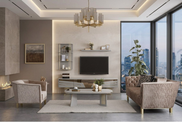 Moderne grijze woonkamerset luxe tv-meubel wandkasten planken