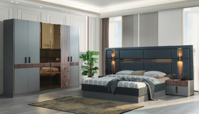 Grijze slaapkamer compleet set Bed 2x Nachtkastjes Kledingkast