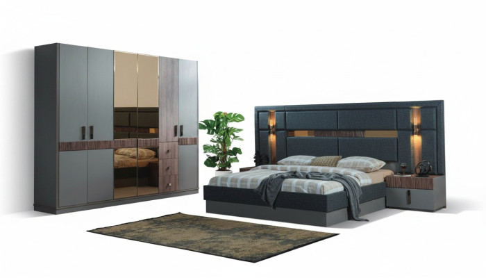 Grijze slaapkamer compleet set Bed 2x Nachtkastjes Kledingkast