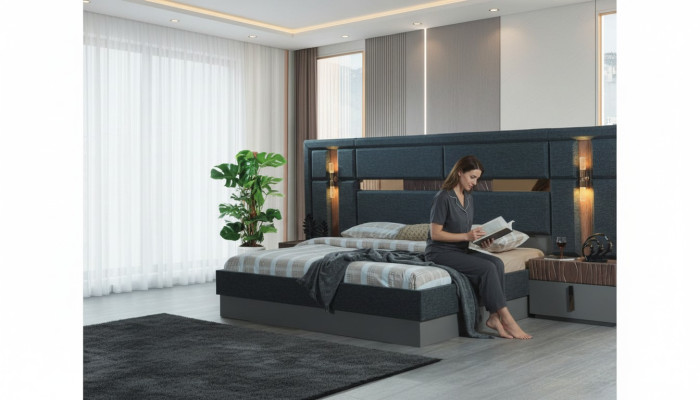 Donkergrijs tweepersoonsbed met houten designer nachtkastjes slaapkamerset.