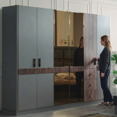 Grijze grote kledingkast slaapkamer houten kasten luxe meubels nieuw