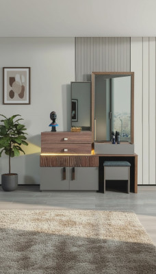 Bruin-grijze slaapkamermeubels luxe commode met spiegel gestoffeerde kruk