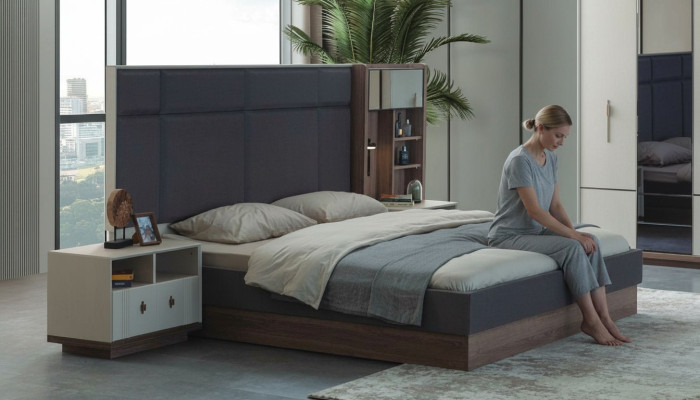 Grijze slaapkamer bed designer set tweepersoonsbed 2x nachtkastjes