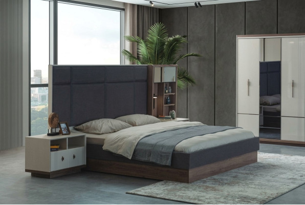Grijze slaapkamer bed designer set tweepersoonsbed 2x nachtkastjes