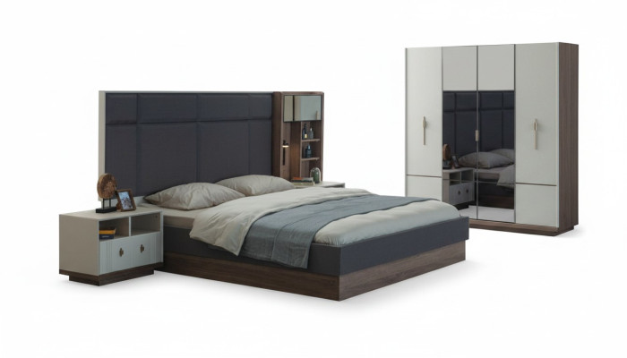 Grijze slaapkamer bed designer set tweepersoonsbed 2x nachtkastjes