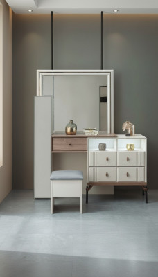 Witte kaptafel van glas met spiegel, luxueuze poef, moderne meubels.