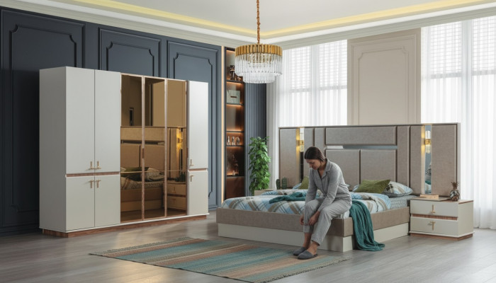 Ontwerpersbed Houten kledingkast Luxe nachtkastjes Slaapkamer set