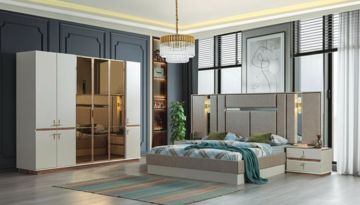 Ontwerpersbed Houten kledingkast Luxe nachtkastjes Slaapkamer set