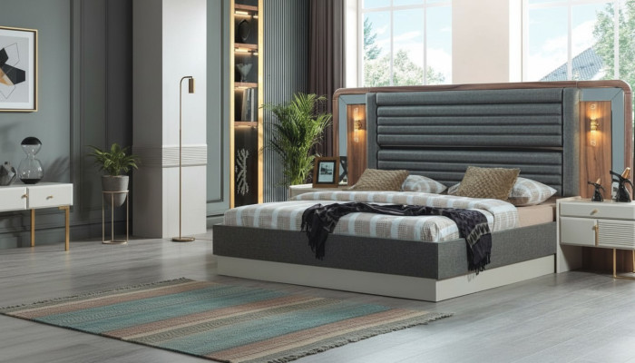 Grijze bedden Ontwerp Slaapkamer Tweepersoonsbed 2x houten nachtkastjes 3-delig.