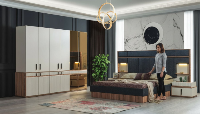Meubel Luxe Bed 2x Nachttafels Kledingkast Slaapkamer Set