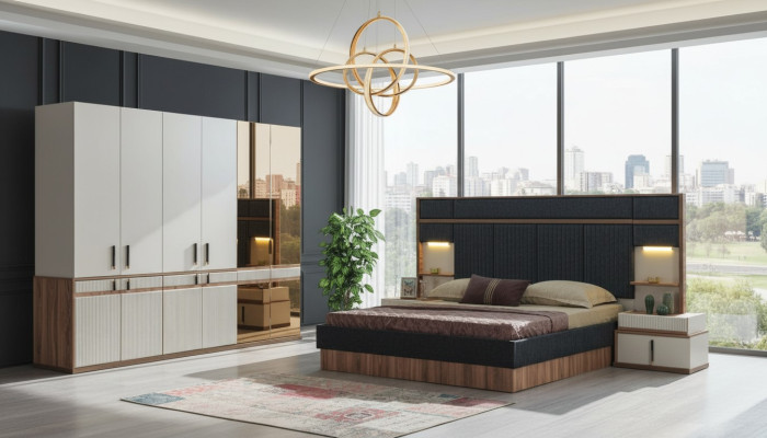 Meubel Luxe Bed 2x Nachttafels Kledingkast Slaapkamer Set