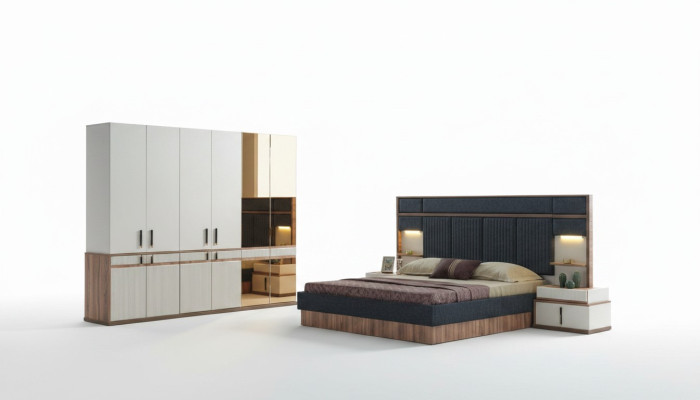 Meubel Luxe Bed 2x Nachttafels Kledingkast Slaapkamer Set