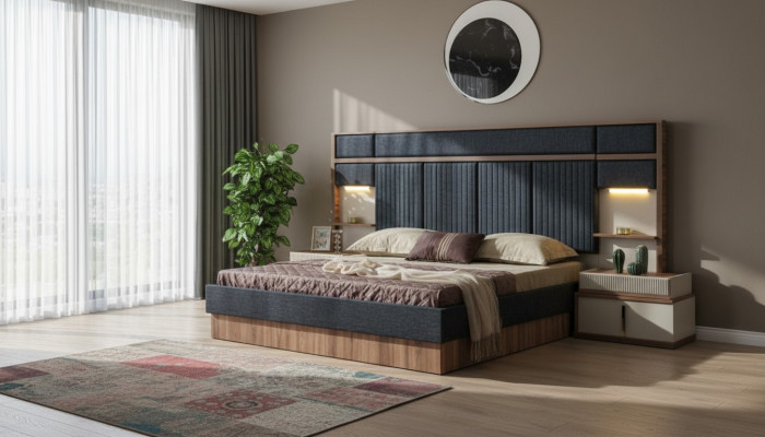 Moderne slaapkamerset tweepersoonsbed houten nachtkastjes textielbed