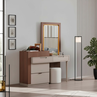 Beige-bruine slaapkamer ladekast met design kaptafel met spiegel 2-delig.
