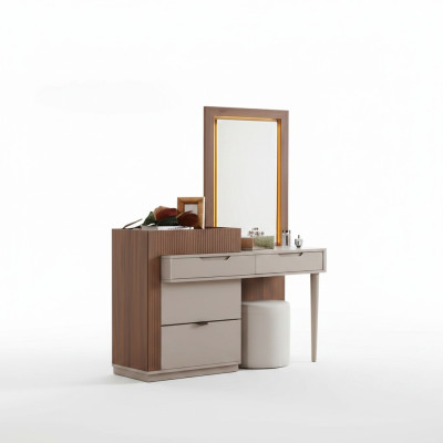 Beige-bruine slaapkamer ladekast met design kaptafel met spiegel 2-delig.