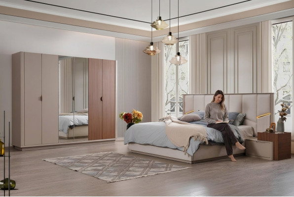 Grote Beige Slaapkamer Set Tweepersoonsbed 2x Nachtkastjes Kast
