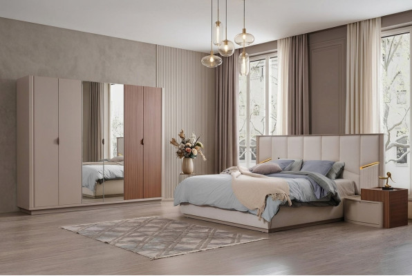 Grote Beige Slaapkamer Set Tweepersoonsbed 2x Nachtkastjes Kast
