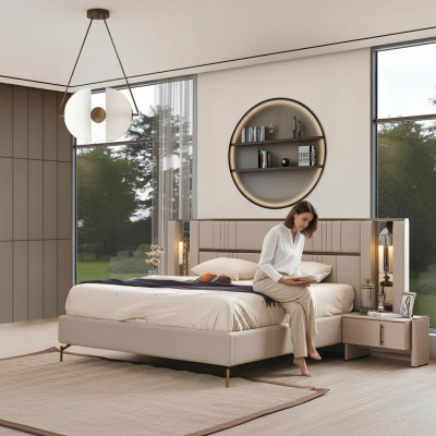 Luxe slaapkamer Beige tweepersoonsbed 2x nachtkastjes Moderne meubels
