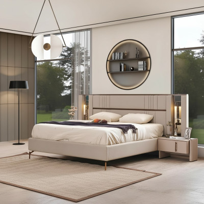 Luxe slaapkamer Beige tweepersoonsbed 2x nachtkastjes Moderne meubels