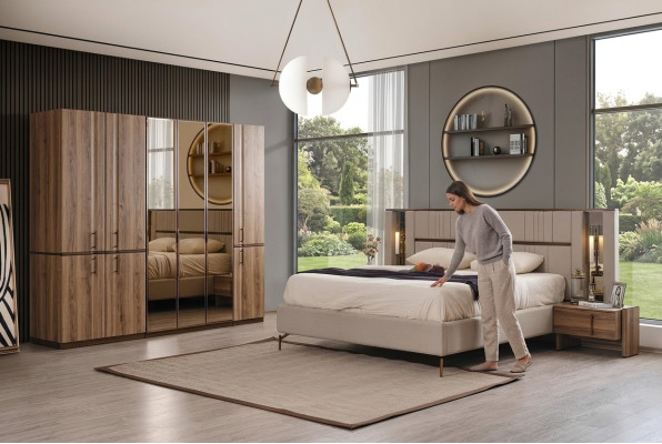 Modern Beige Tweepersoonsbed 2x Nachtkastjes Kledingkast Houten Meubels