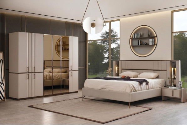 Modern Beige Tweepersoonsbed 2x Nachtkastjes Kledingkast Houten Meubels