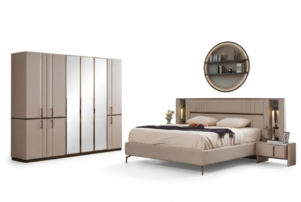 Modern Beige Tweepersoonsbed 2x Nachtkastjes Kledingkast Houten Meubels