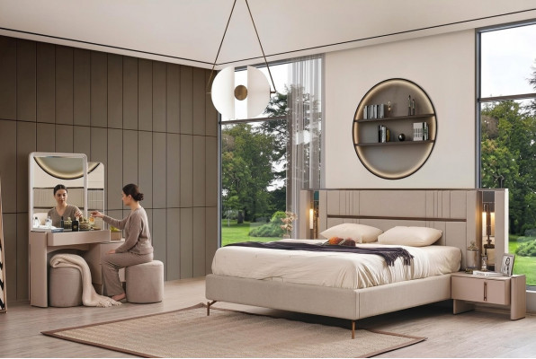 Moderne slaapkamermeubels Beige tweepersoonsbed 2x nachtkastjes Kaptafel