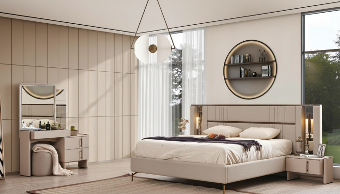Moderne slaapkamermeubels Beige tweepersoonsbed 2x nachtkastjes Kaptafel