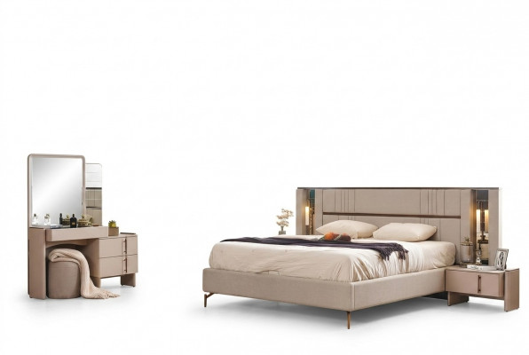 Moderne slaapkamermeubels Beige tweepersoonsbed 2x nachtkastjes Kaptafel